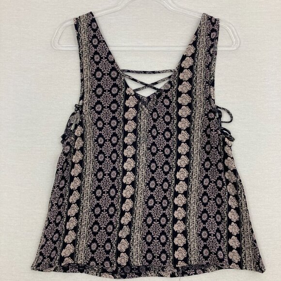 New Aqua Navy Tan Boho Print V Neck Lace Up Sleeveless Casual Top Medium - Picture 8 of 9
